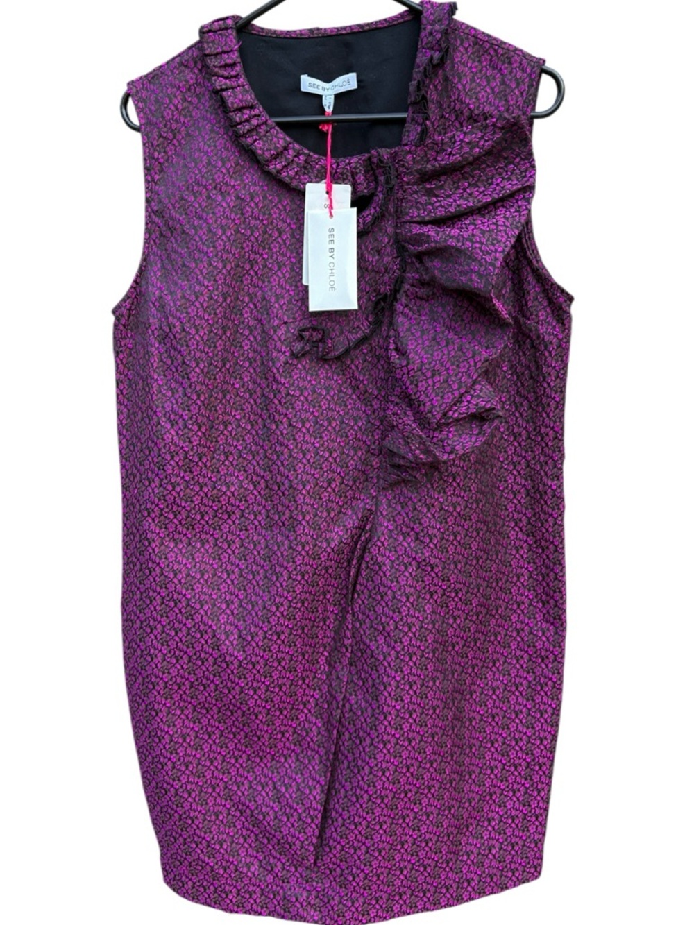 NWT SEE BY CHLOE Ruffled Zip Front Brocade Dress Purple Black Size 8